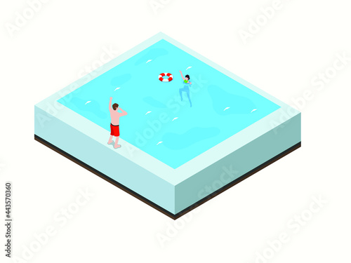 Drowning isometric vector concept. Woman drowning in the swimming pool