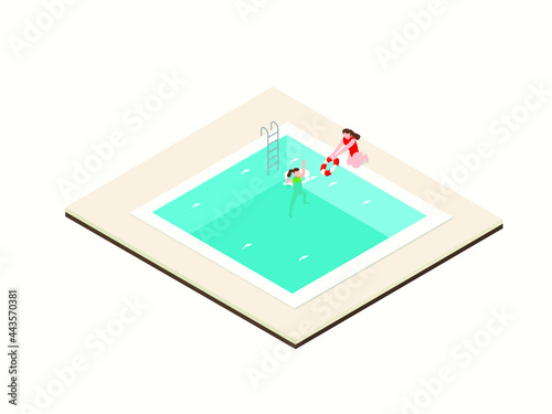 Drowning isometric vector concept. Woman helping her daughter drowning in the swimming pool