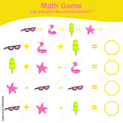 Summer Math Game for Preschool. Educational printable math worksheet. Additional math for kids. Vector illustration. This worksheet is suitable for educating preschool kids on how to count well.