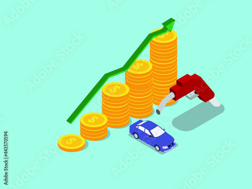 Petrol Price isometric vector concept. Fuel nozzle with car and rising price arrow over coins diagram