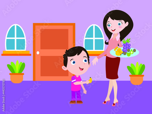 Mother cartoon character giving banana to his son at home