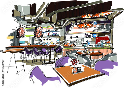 Inside a city bar with industrial design - empty tables, tubes and a view to the bar stand