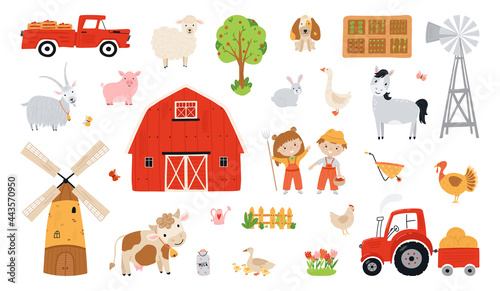 Set farm elements. Collection farm animals in a flat style. Children farmers are harvesting crops. Illustration with pets, children, mill, pickup, barn, tractor isolated on white background. Vector