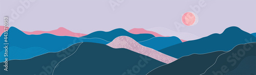 Japanese widescreen background with pink marble texture. Abstract template with thin geometric lines. Design of a mountainous layout in an oriental style in pastel gentle colors.