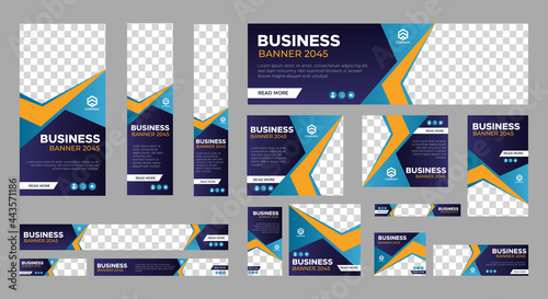 Set of business web banner templates with different standard size. Abstract corporate horizontal, vertical, square ad banner with place for images. Vector EPS