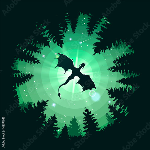 The dragon flies over the forest. Forest landscape with a dragon. Illustration for cover, advertisement, banner or puzzles. Theme or wallpaper for your phone. Stock vector illustration. EPS 10.