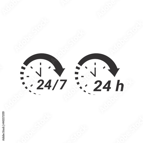 24 7 clock circle arrow for nonstop service icon. Non stop, twenty four hours support vector.