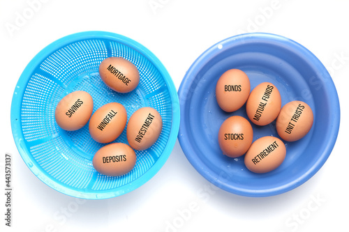 Obraz na plátne Eggs in the basket and basin with finance item