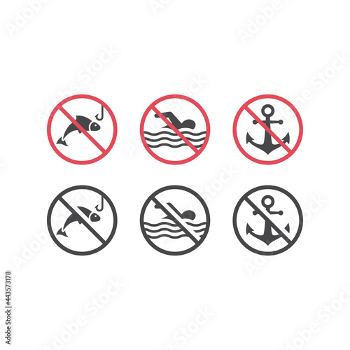 No swimming, fishing and dock red prohibition sign. Warning icon set with fish, swimming man and anchor.