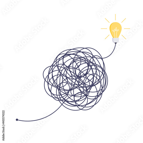 Complex easy simple way from start to idea. Chaos simplifying, problem solving and business solutions idea searching concept vector illustration. Hand drawn doodle scribble chaos lines and light bulb.