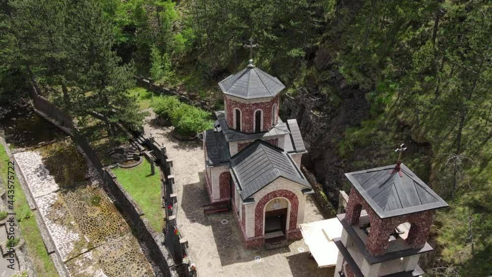 Aerial View of Small Orthodox Church by Creek in Mokra Gora, Serbia. Sveti Jovan Krstitelj, Drone Shot Aerial View of Small Orthodox Church by Creek in Mokra Gora, Serbia. Sveti Jovan Krstitelj, Drone Shot