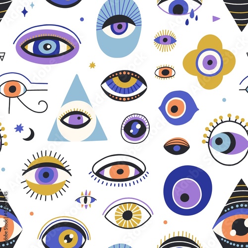 Seamless mystic pattern with evil eyes in doodle style. Endless repeating texture with different esoteric eyeballs. Occult spiritual background. Colored flat vector illustration of decor for printing
