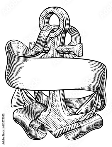 Ship Anchor Scroll Banner Nautical Woodcut Drawing