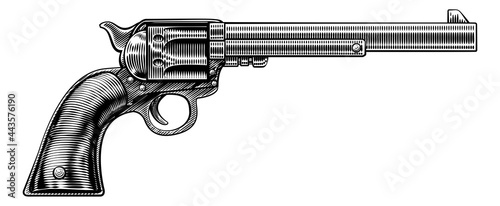 Stampa su tela Western Cowboy Gun Pistol Revolver Woodcut Style
