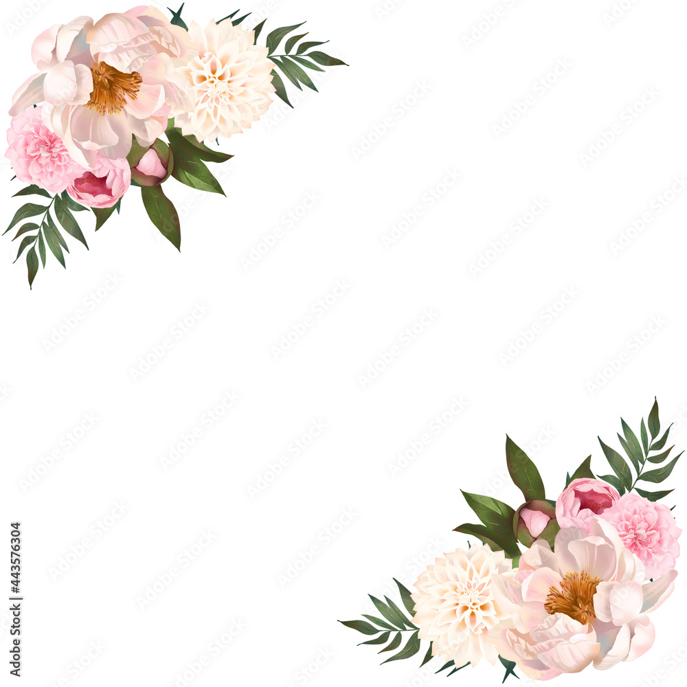 優しい色使いの薔薇と牡丹とダリアの花と植物の白バックフレームイラスト素材 Stock Illustration Adobe Stock