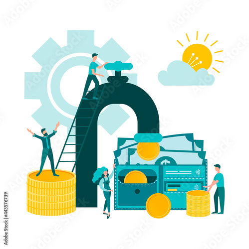 Savings and financial profit. Сoins money falling from the tap into the wallet