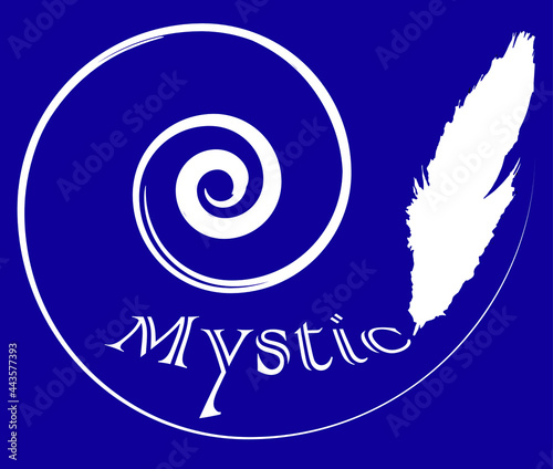 
word mystic, feather and spiral on purple background