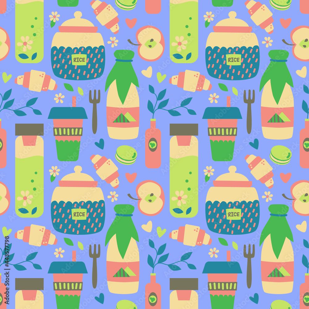 Vector seamless pattern with cups and bottles on purple background. Zero-waste and organic lifestyle Vector seamless pattern with cups and bottles on purple background. Zero-waste and organic lifestyle
