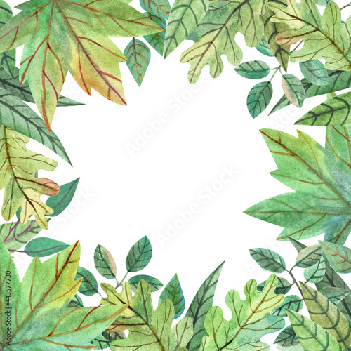 Green summer frame made of hand drawn forest leaves. Nice template for design of invitations, cards, banners, social media posts.