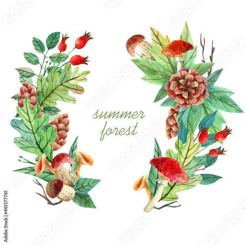 Watercolor wreath for your design. Template with green leaves, mushrooms, pine cones, berries and branches. Hand drawn frame.