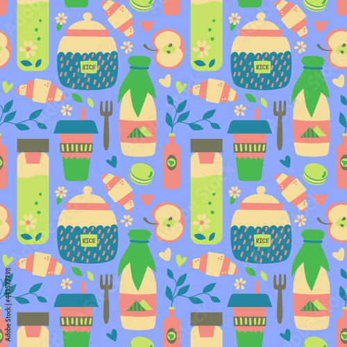 Vector seamless pattern with cups and bottles on purple background. Zero-waste and organic lifestyle