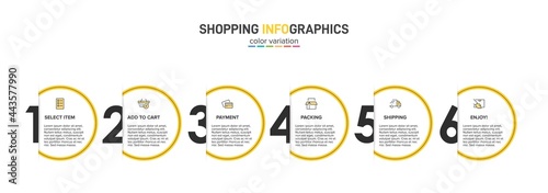 Concept of shopping process with 6 successive steps. Six colorful graphic elements. Timeline design for brochure, presentation, web site. Infographic design layout.