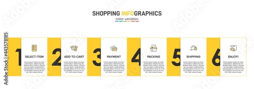 Concept of shopping process with 6 successive steps. Six colorful graphic elements. Timeline design for brochure, presentation, web site. Infographic design layout.