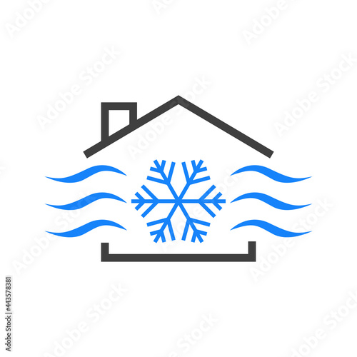 Símbolo aire acondicionado. Logotipo copo de nieve con olas en casa en color azul y gris