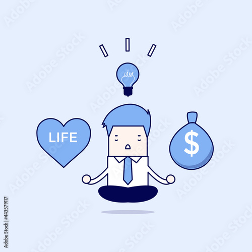 Businessman meditation balance between ideas, money and life. Cartoon character thin line style vector.