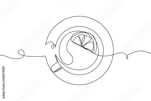Continuous one line of lemon balm tea with tea cup in silhouette on a white background. Linear stylized.Minimalist.