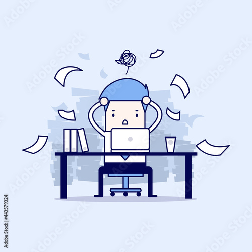 Busy time of businessman in hard working. A lot of work. Stress at work. Cartoon character thin line style vector.