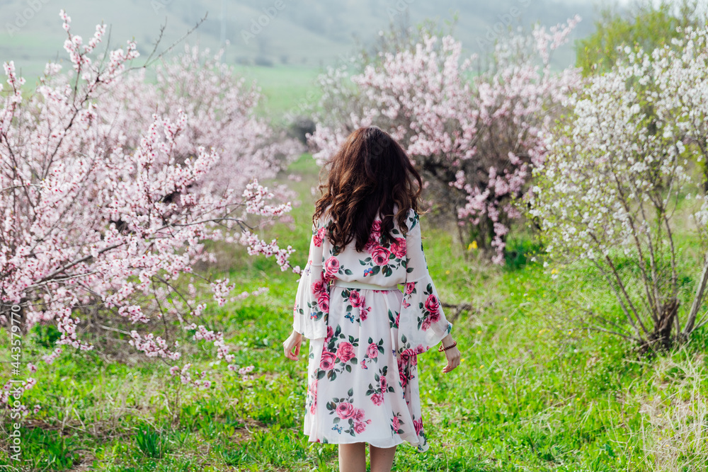 Beautiful woman in a dress with flowers walks through the flowering garden in spring Beautiful woman in a dress with flowers walks through the flowering garden in spring