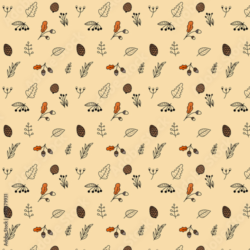 Vector colorful autumn natural pattern with fall leaves and mushrooms. Fall endless background.Abstract banner print with leaves. Elegant beautiful nature ornament for fabric, wrapping and textile.