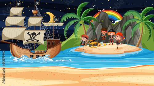 Treasure Island scene at night with Pirate kids