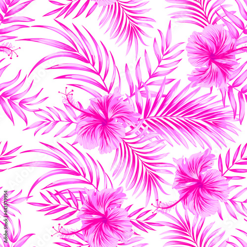 Tropical pattern with hibiscus  palm leaves. Summer vector background for fabric  cover  print design  wallpaper.