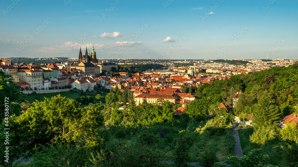 Prague Castle and Lesser Town panorama. View from Petrin Hill. Prague, Czech Republic. Spring Prague panorama from Prague Hill with Castle, Vltava river and historical architecture. Czechia.