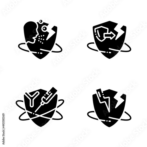 Immune system glyph icons set. Immunology concept. Autoimunne and allergic diseases and virus fight. Health, immunity, disease prevention.Filled flat sign. Isolated silhouette vector illustration