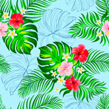 Tropical pattern with hibiscus, palm leaves. Summer vector background for fabric, cover, print design, wallpaper.