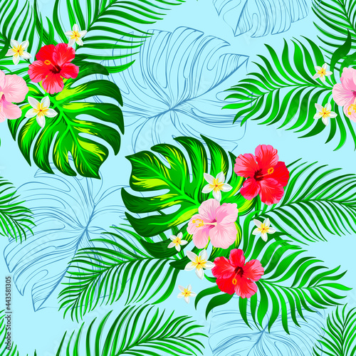 Tropical pattern with hibiscus  palm leaves. Summer vector background for fabric  cover  print design  wallpaper.