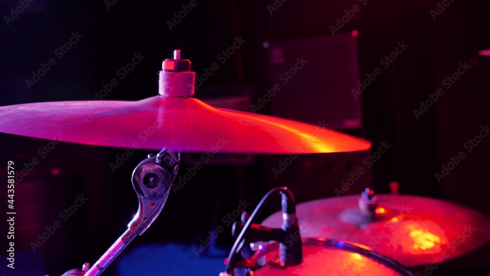 drum cymbals against the background of musical instruments. fog and ...
