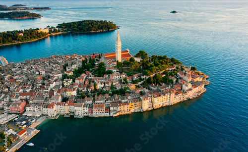 Rovinj at the sunset, aerial view from Adriatic Sea, Istria Coatia photo