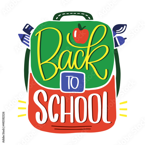 Back to school lettering with colourful backpack clipart for kids, elementary school students.