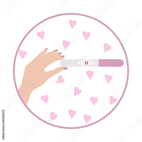 Roun frame with Female arm holds positive pregnancy test with two stripes. Desire have baby. Child planning, maternity and health care concept. Future maternity concept flat vector illuctration