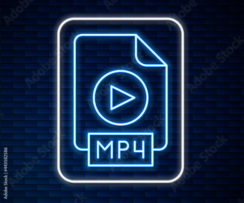 Glowing neon line MP4 file document. Download mp4 button icon isolated on brick wall background. MP4 file symbol. Vector photo