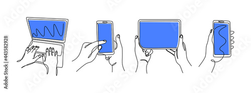 One line hands with gadgets. Continuous line female hands holding smartphones tablet and laptop. Vector monoline isolated set photo