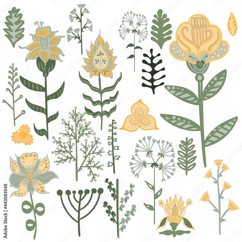 A large set of decorative flowers and elements in the background A large set of decorative flowers and elements in the background