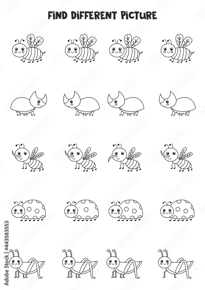 Find insect which is different from others. Black and white worksheet for kids. Find insect which is different from others. Black and white worksheet for kids.