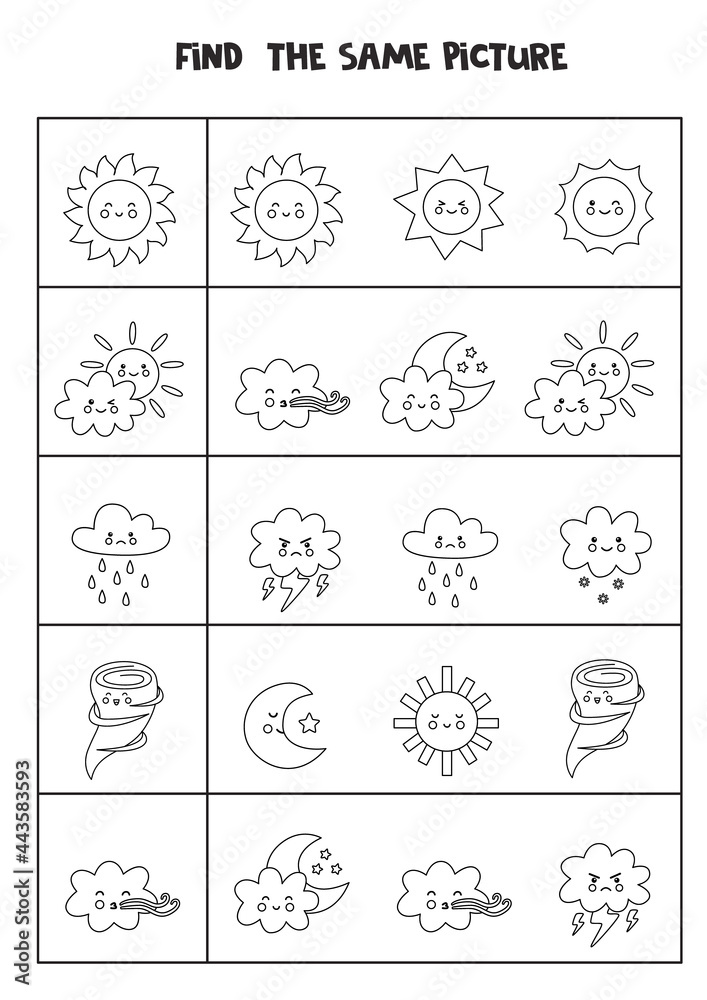 Find two the same weather elements. Black and white worksheet. Find two the same weather elements. Black and white worksheet.