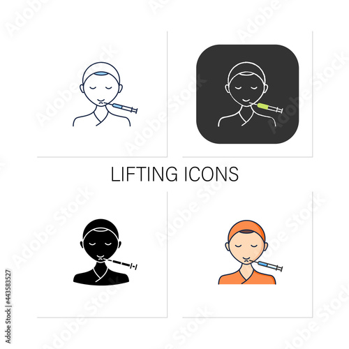 Cosmetic injection icons set.Injection in chin. Lifting.Rejuvenation. Full syringe. Beauty cosmetic procedure concept.Collection of icons in linear, filled, color styles.Isolated vector illustrations