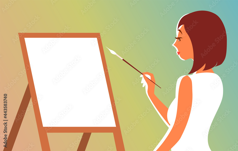 Beautiful young woman draws behind an easel. Art brush in hand. The concept of a useful creative activity. Vector cartoon illustration Beautiful young woman draws behind an easel. Art brush in hand. The concept of a useful creative activity. Vector cartoon illustration
